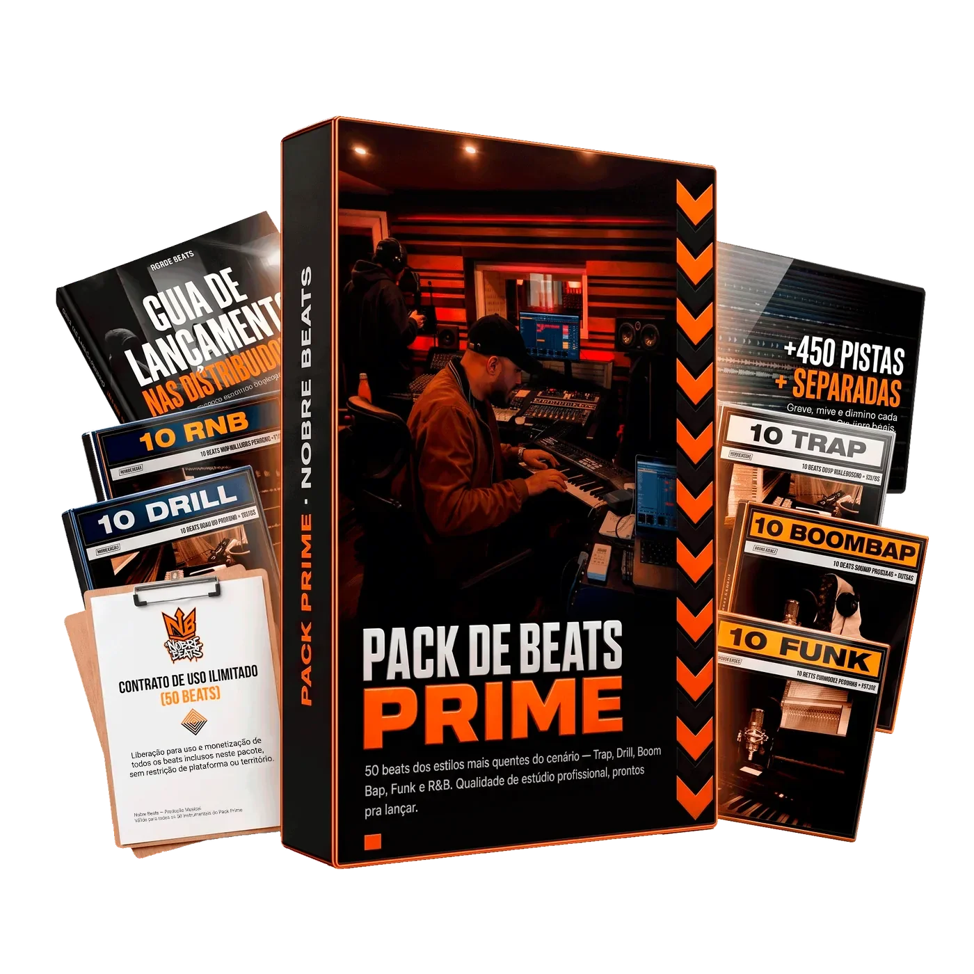 Pack Prime completo: os 5 packs de beats por estilo, as pistas separadas, o contrato de uso e o guia de lançamento